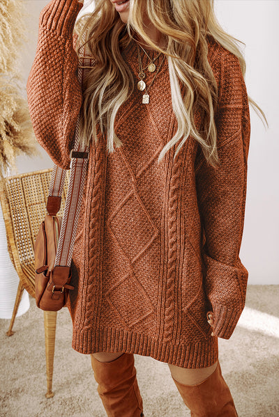 Coffee Twist Cable Knit Drop Shoulder Loose Fit Sweater Dress - Roses
