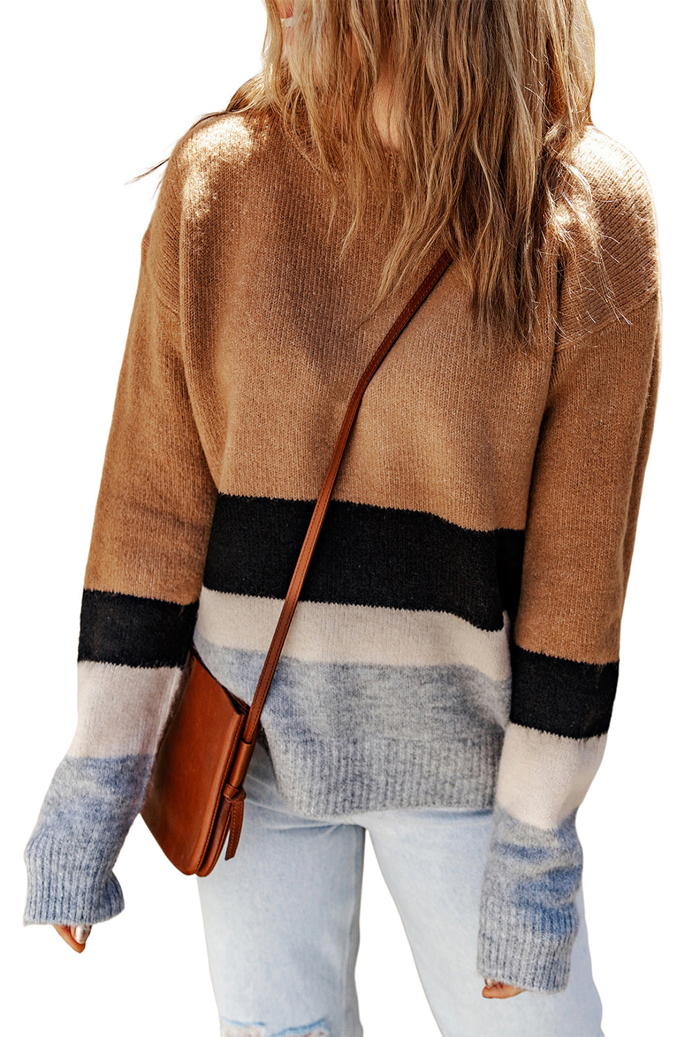 Brown Casual Striped Colorblock Ribbed Knit Sweater - Roses
