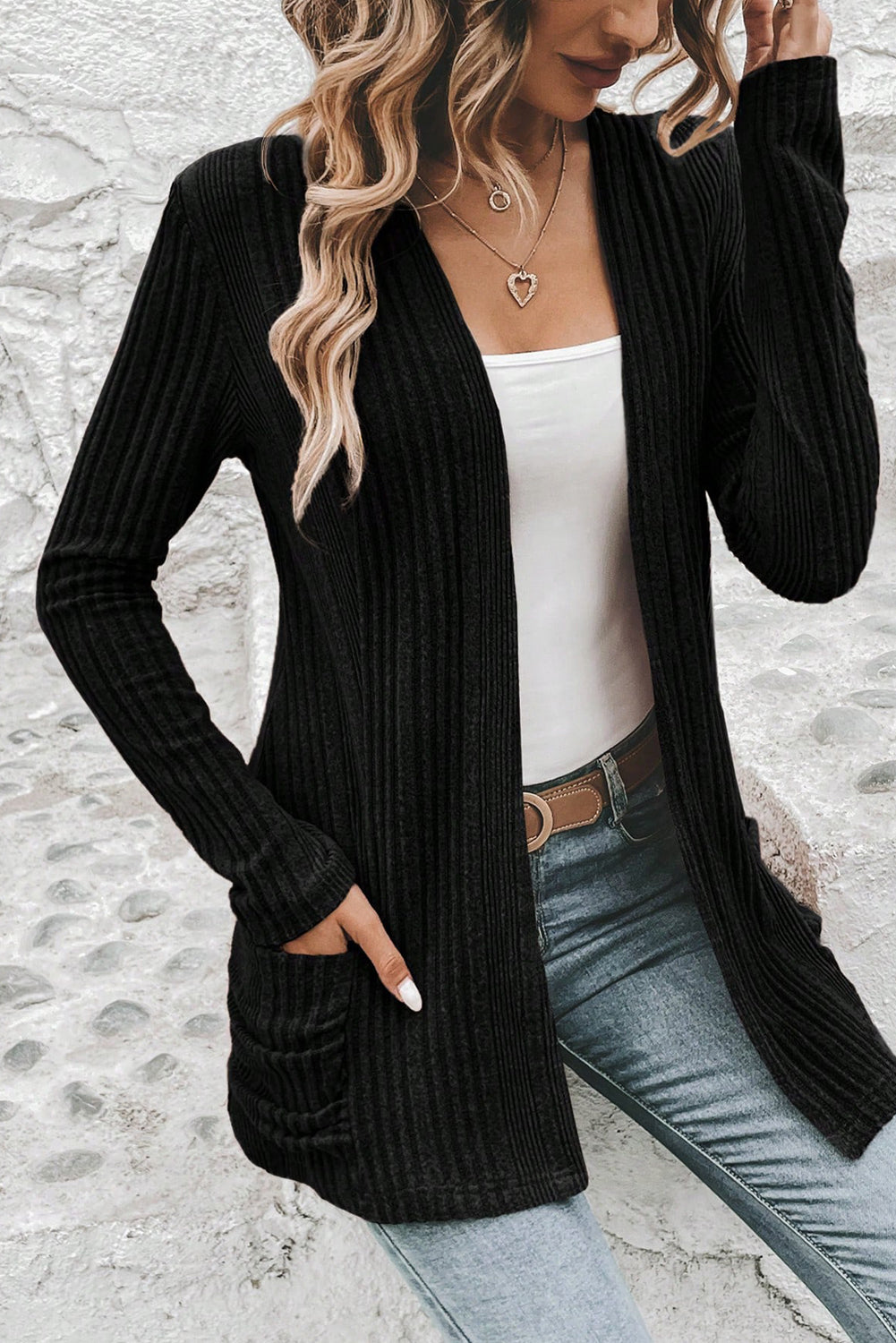 Black Ribbed Open Front Knitted Top with Pockets - Roses