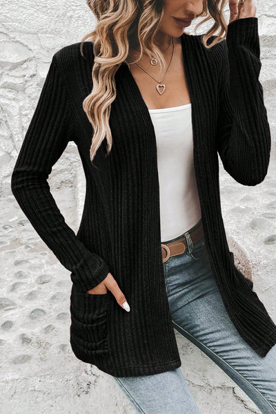 Black Ribbed Open Front Knitted Top with Pockets - Roses