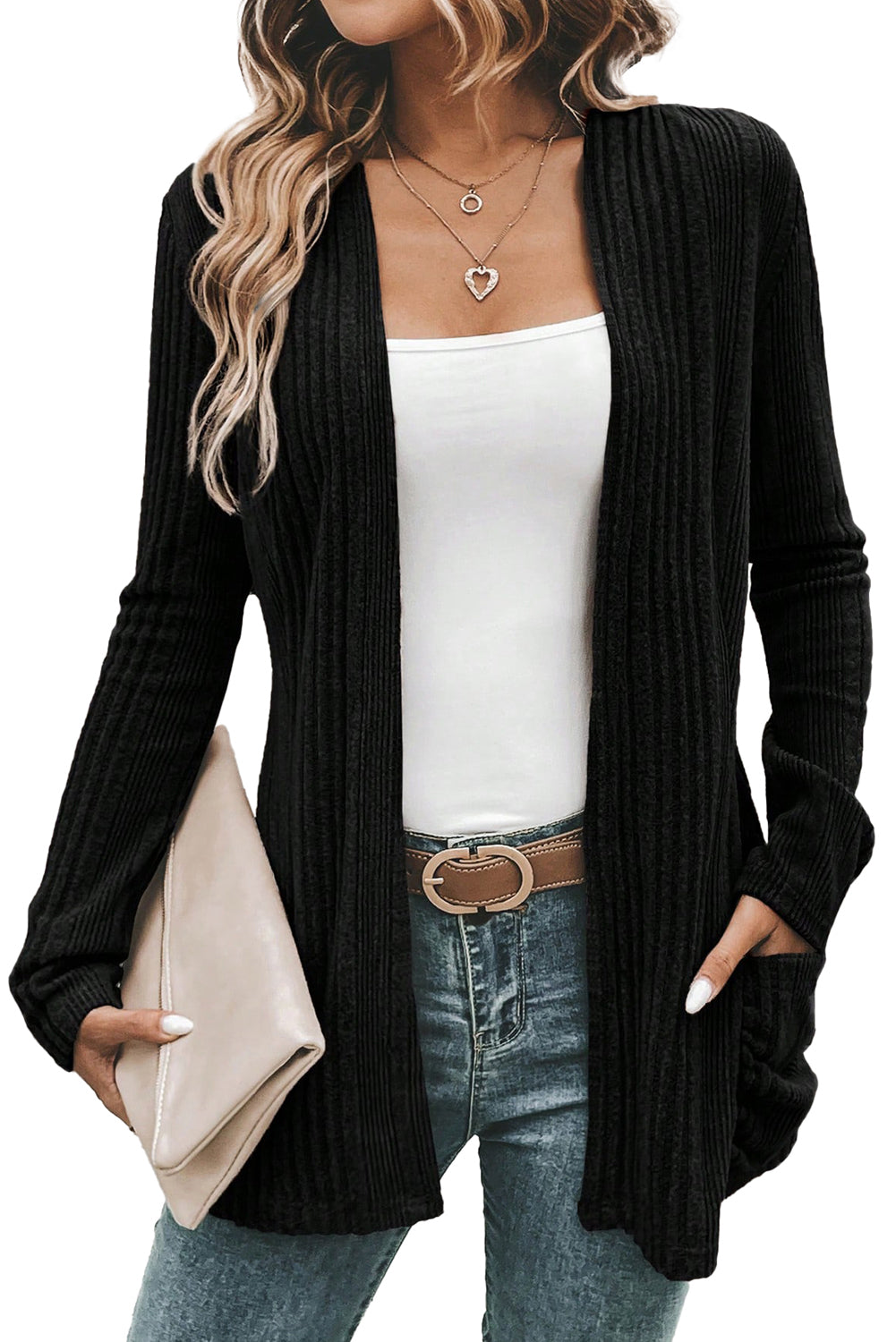 Black Ribbed Open Front Knitted Top with Pockets - Roses