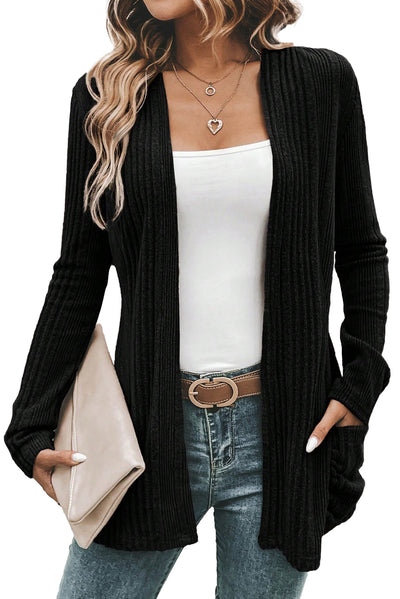 Black Ribbed Open Front Knitted Top with Pockets - Roses