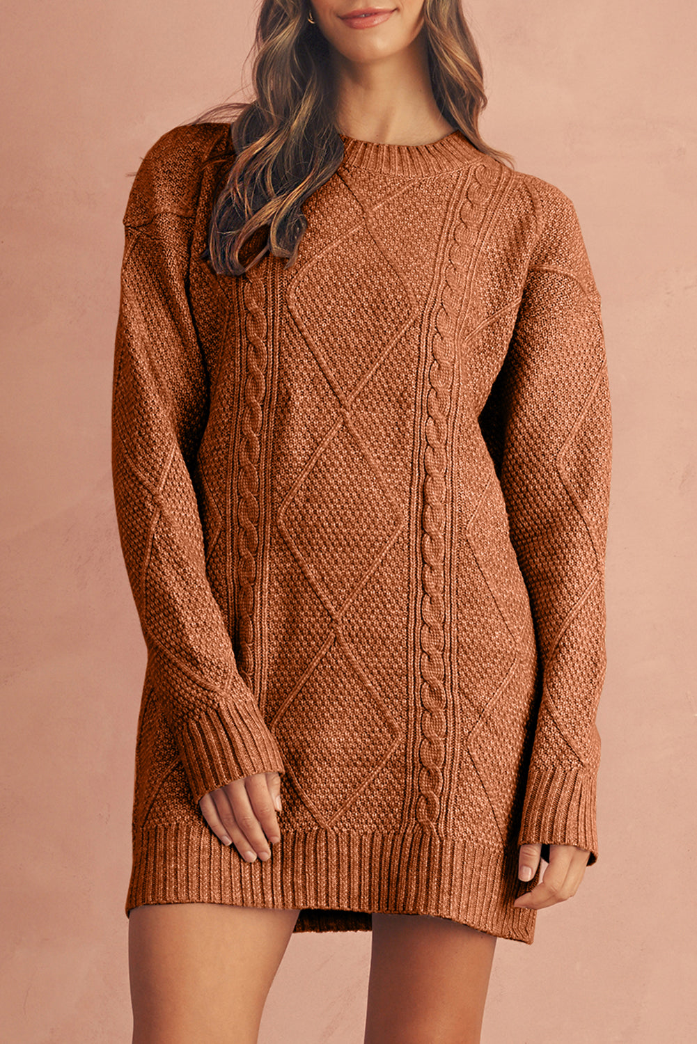 Coffee Twist Cable Knit Drop Shoulder Loose Fit Sweater Dress - Roses