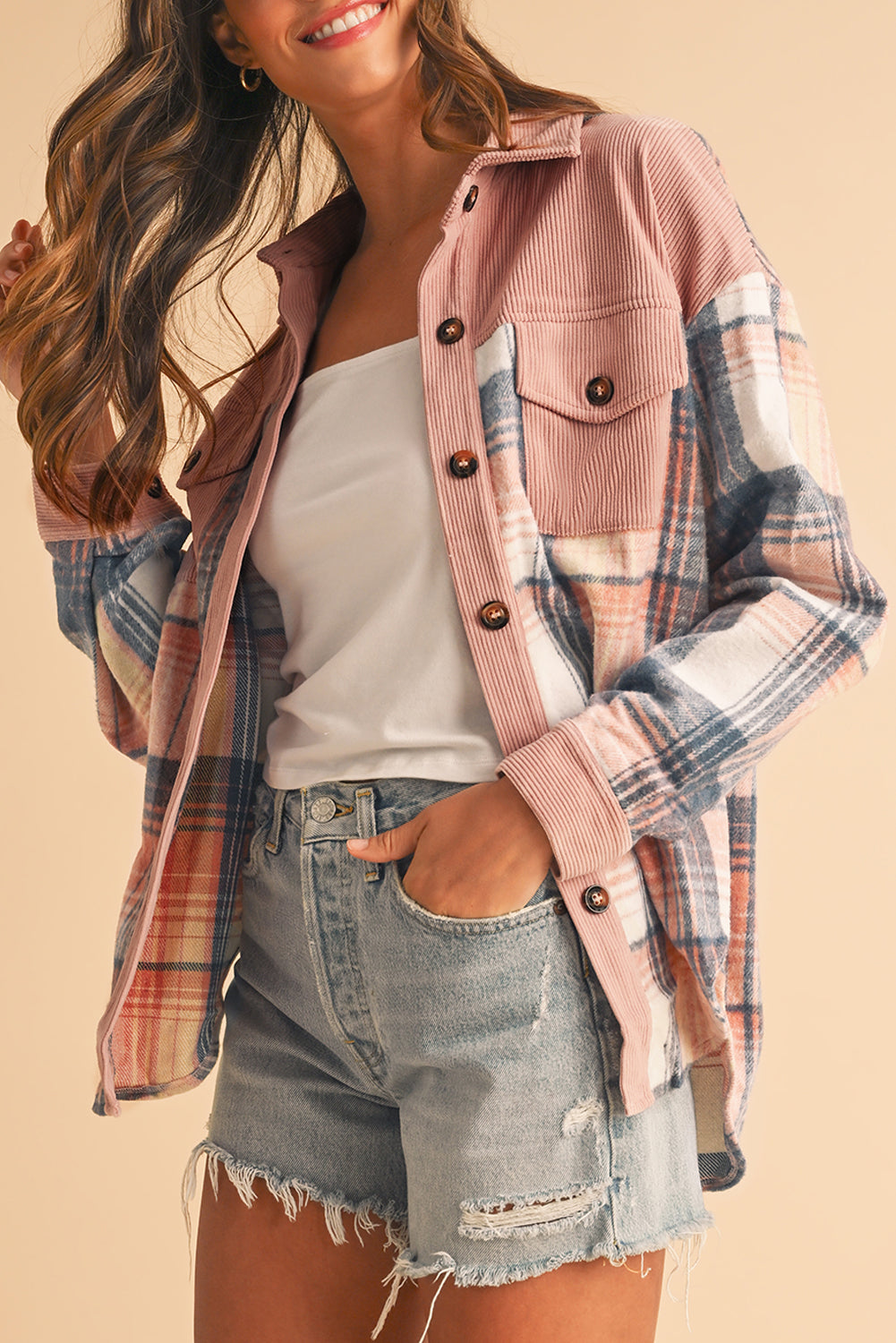Cinnamon Plaid Corduroy Patchwork Pocket Loose Shacket - Roses