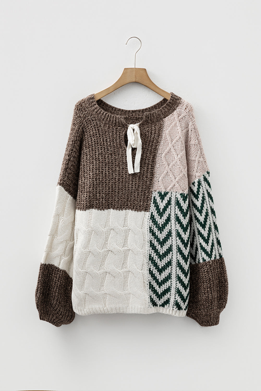 Brown Colorblock Patchwork Knotted Back Loose Fit Sweater - Roses