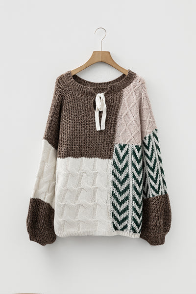 Brown Colorblock Patchwork Knotted Back Loose Fit Sweater - Roses