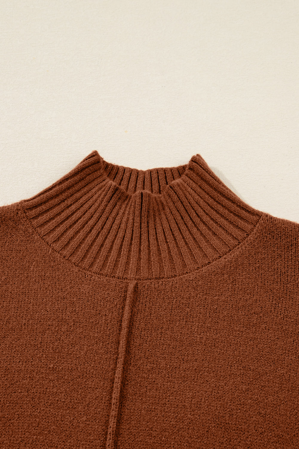 Chestnut Ribbed High Neck Front Pockets Center Seam Shift Sweater Dress - Roses