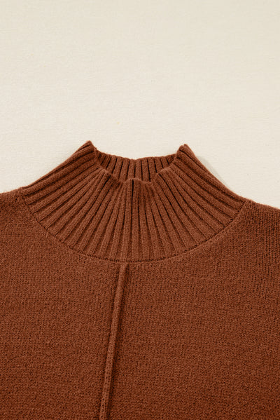 Chestnut Ribbed High Neck Front Pockets Center Seam Shift Sweater Dress - Roses