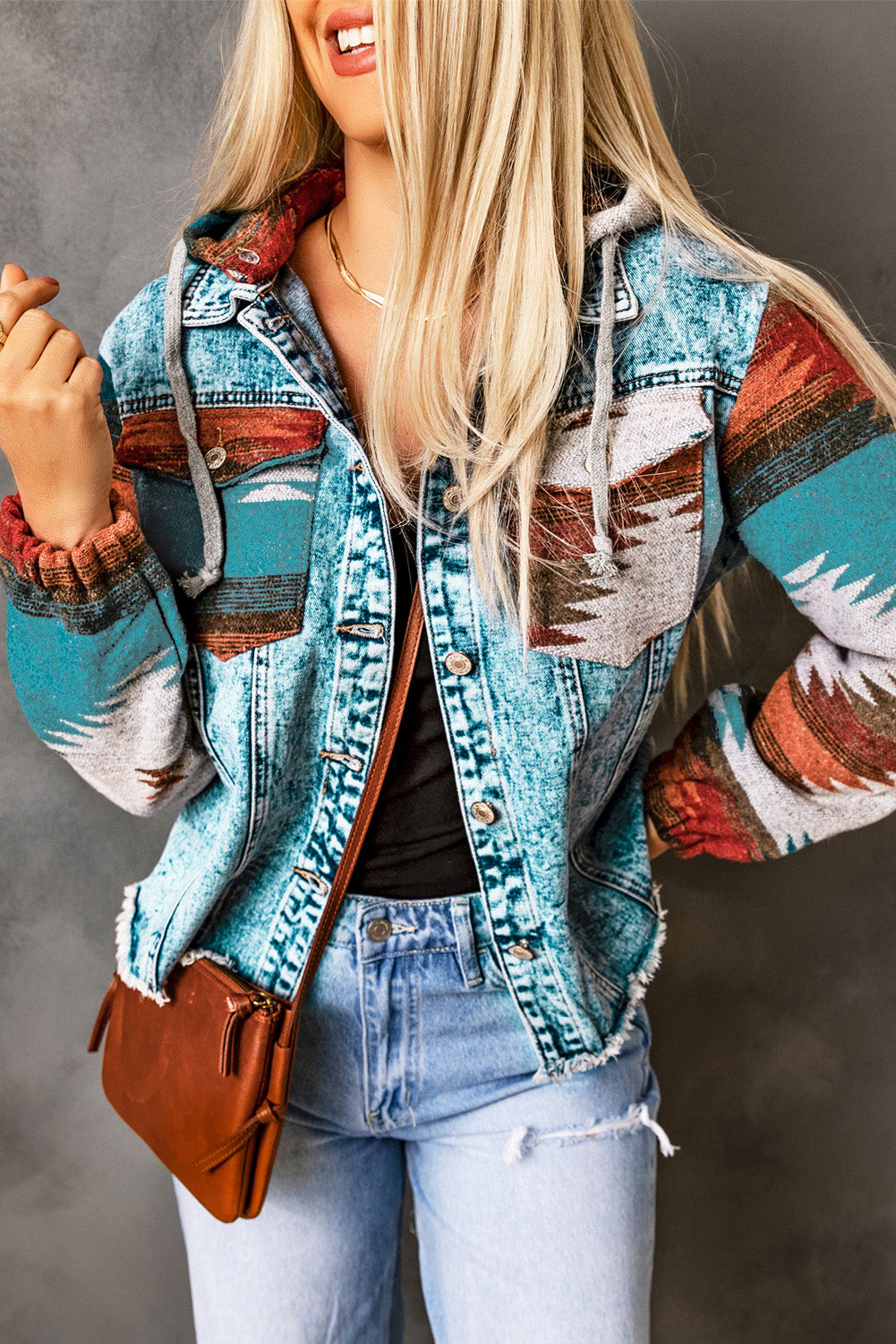 Multicolor Aztec Print Frayed Hem Denim Jacket - Roses