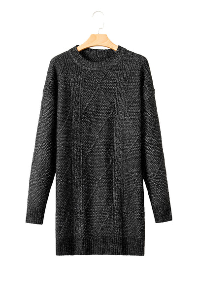 Coffee Twist Cable Knit Drop Shoulder Loose Fit Sweater Dress - Roses