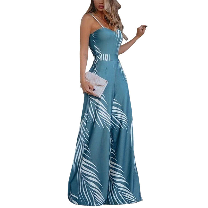 Women Clothing Sling High Waist Print Bell-Bottom Plus size Jumpsuit - Roses