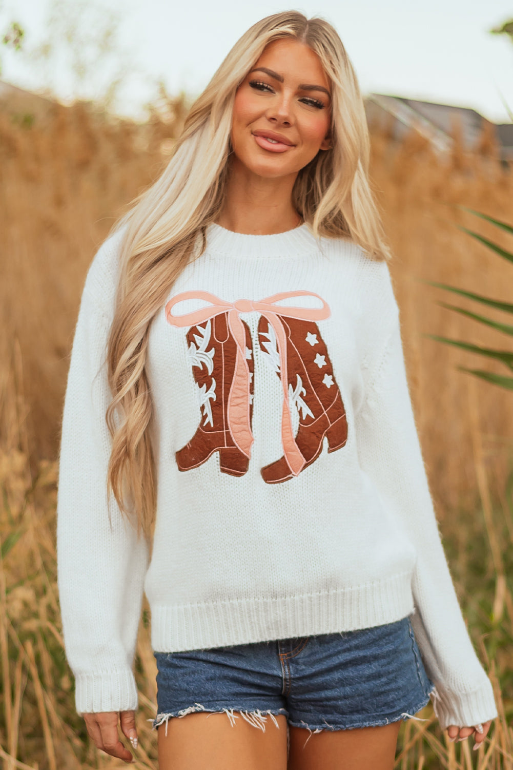 White Embroidered Bow Boots Graphic Drop Shoulder Sweater - Roses
