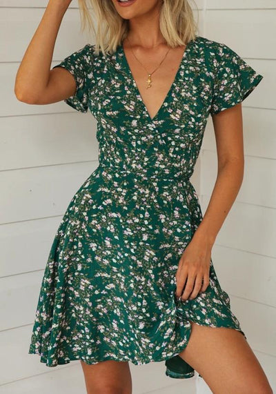 Spring Women Clothing Simple Short V neck Printed Lace up Dress - Roses