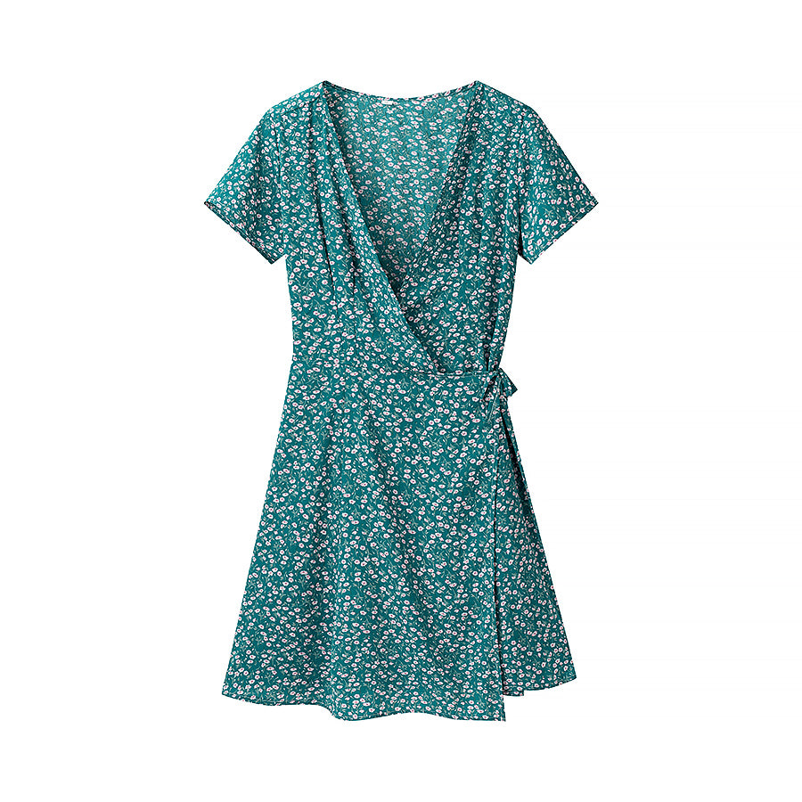 Spring Women Clothing Simple Short V neck Printed Lace up Dress - Roses