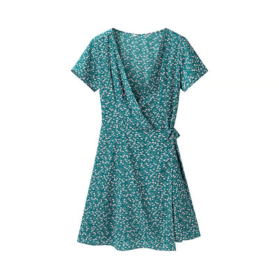 Spring Women Clothing Simple Short V neck Printed Lace up Dress - Roses