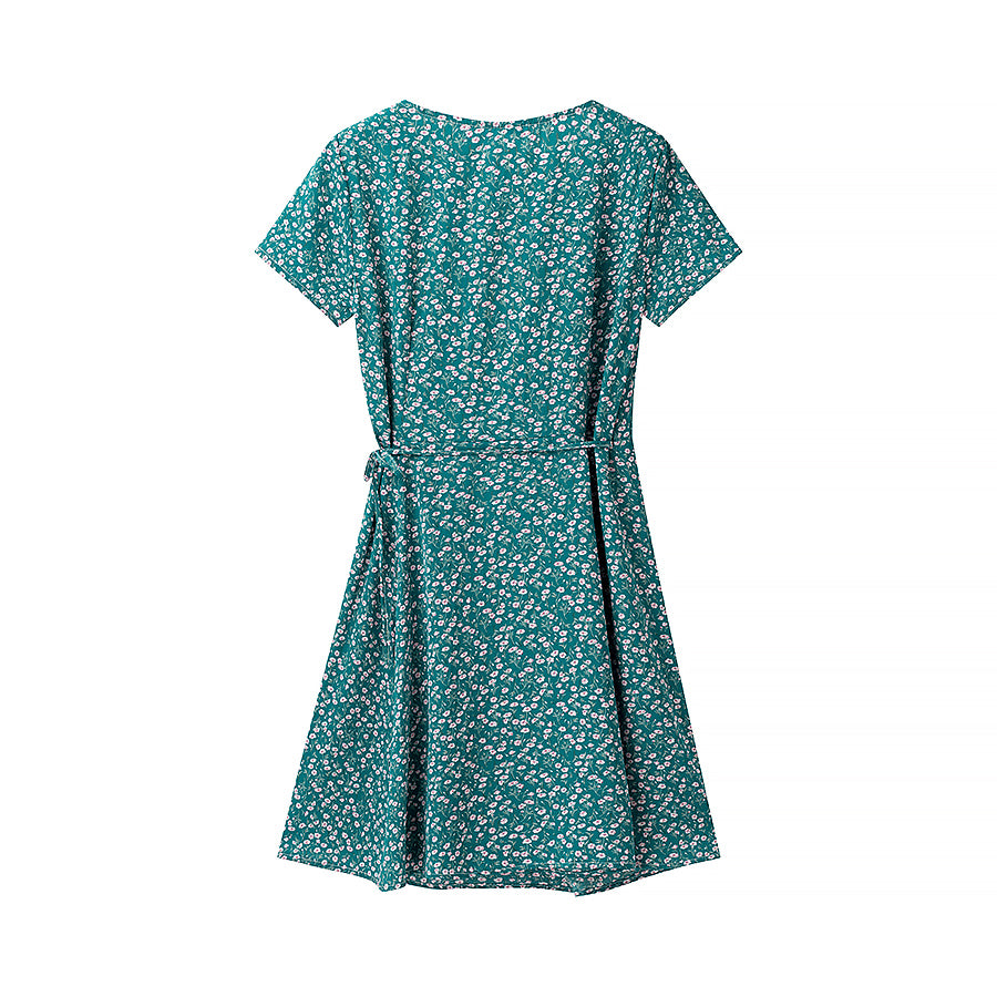 Spring Women Clothing Simple Short V neck Printed Lace up Dress - Roses