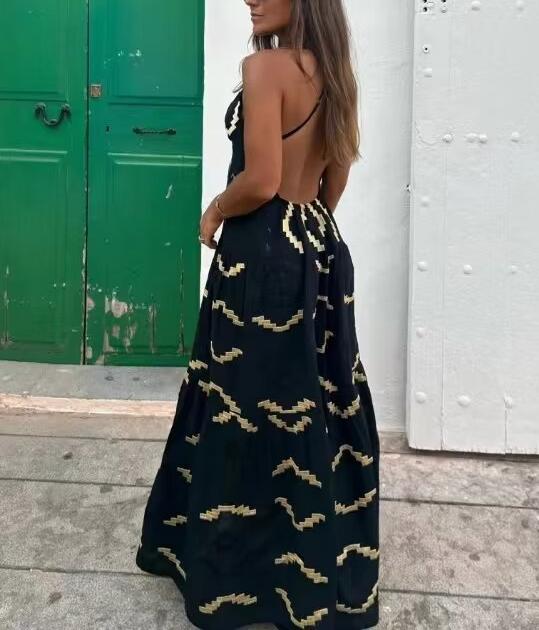 Summer Women Clothing V neck Halter Sexy Backless Slit Maxi Dress - Roses