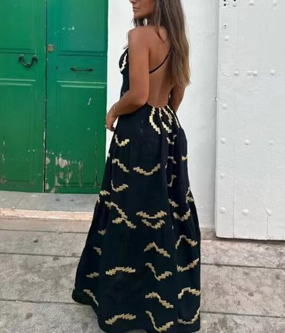 Summer Women Clothing V neck Halter Sexy Backless Slit Maxi Dress - Roses