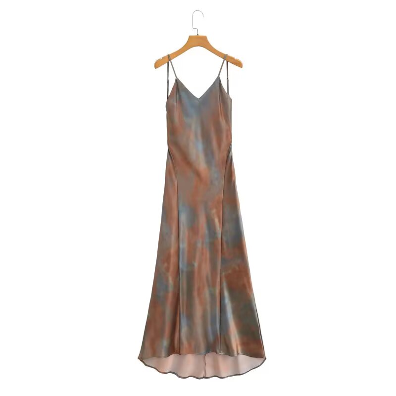 Women V neck Tight Waist Silk Satin Texture Sling Dress Spring Women - Roses