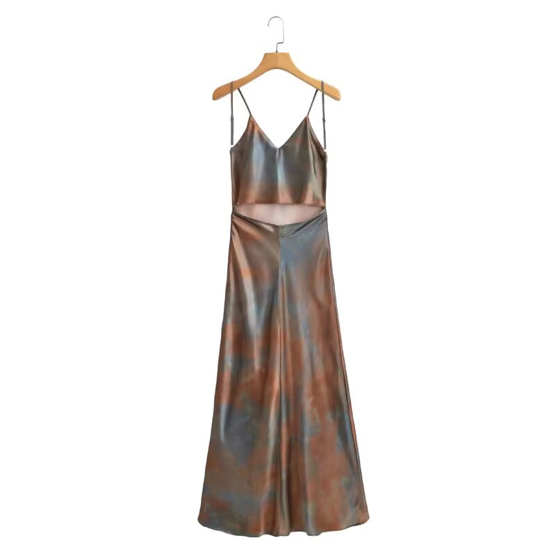 Women V neck Tight Waist Silk Satin Texture Sling Dress Spring Women - Roses