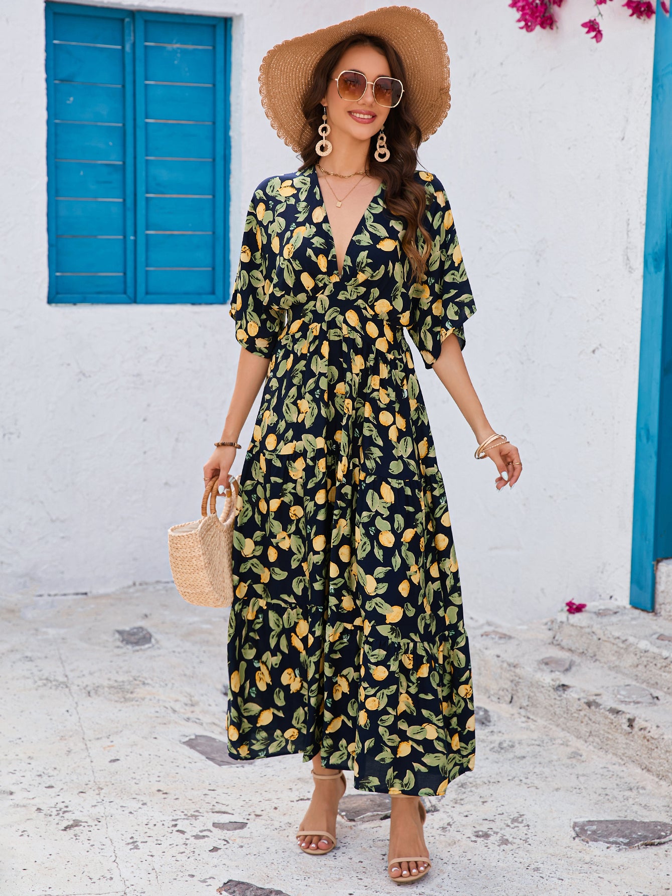 Printed Bat Sleeve Deep V Waist Layered Dress Beach Vacation - Roses