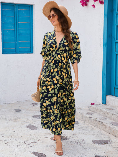 Printed Bat Sleeve Deep V Waist Layered Dress Beach Vacation - Roses