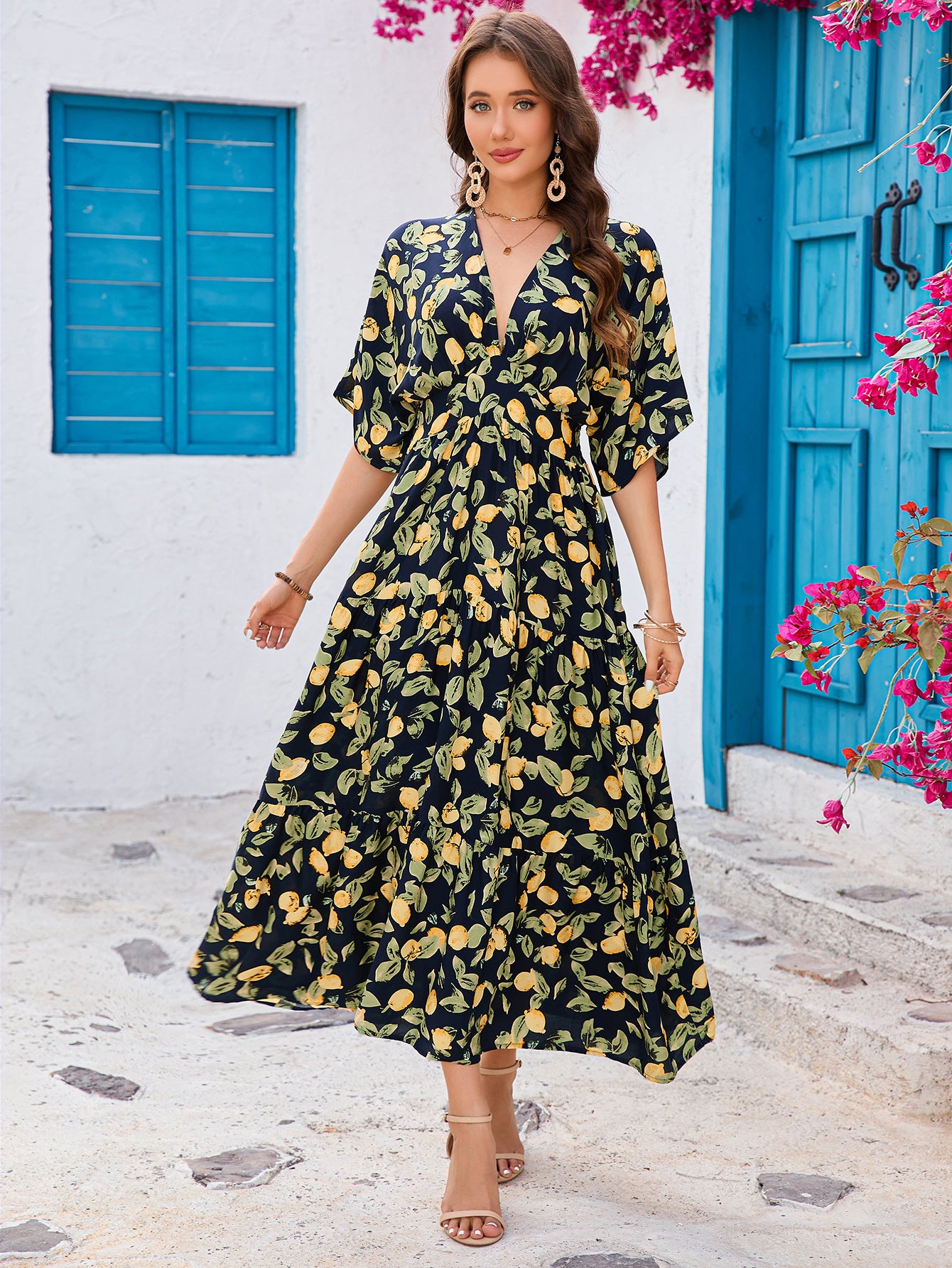 Printed Bat Sleeve Deep V Waist Layered Dress Beach Vacation - Roses