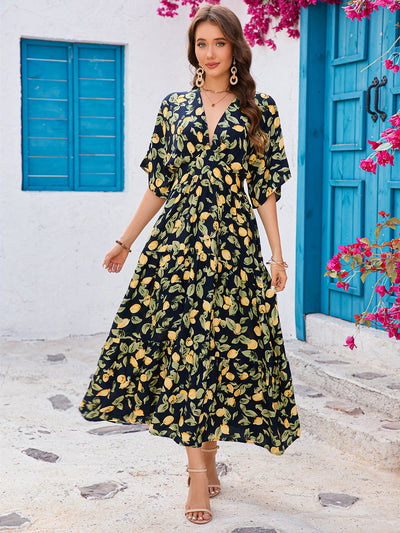 Printed Bat Sleeve Deep V Waist Layered Dress Beach Vacation - Roses