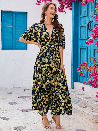 Printed Bat Sleeve Deep V Waist Layered Dress Beach Vacation - Roses
