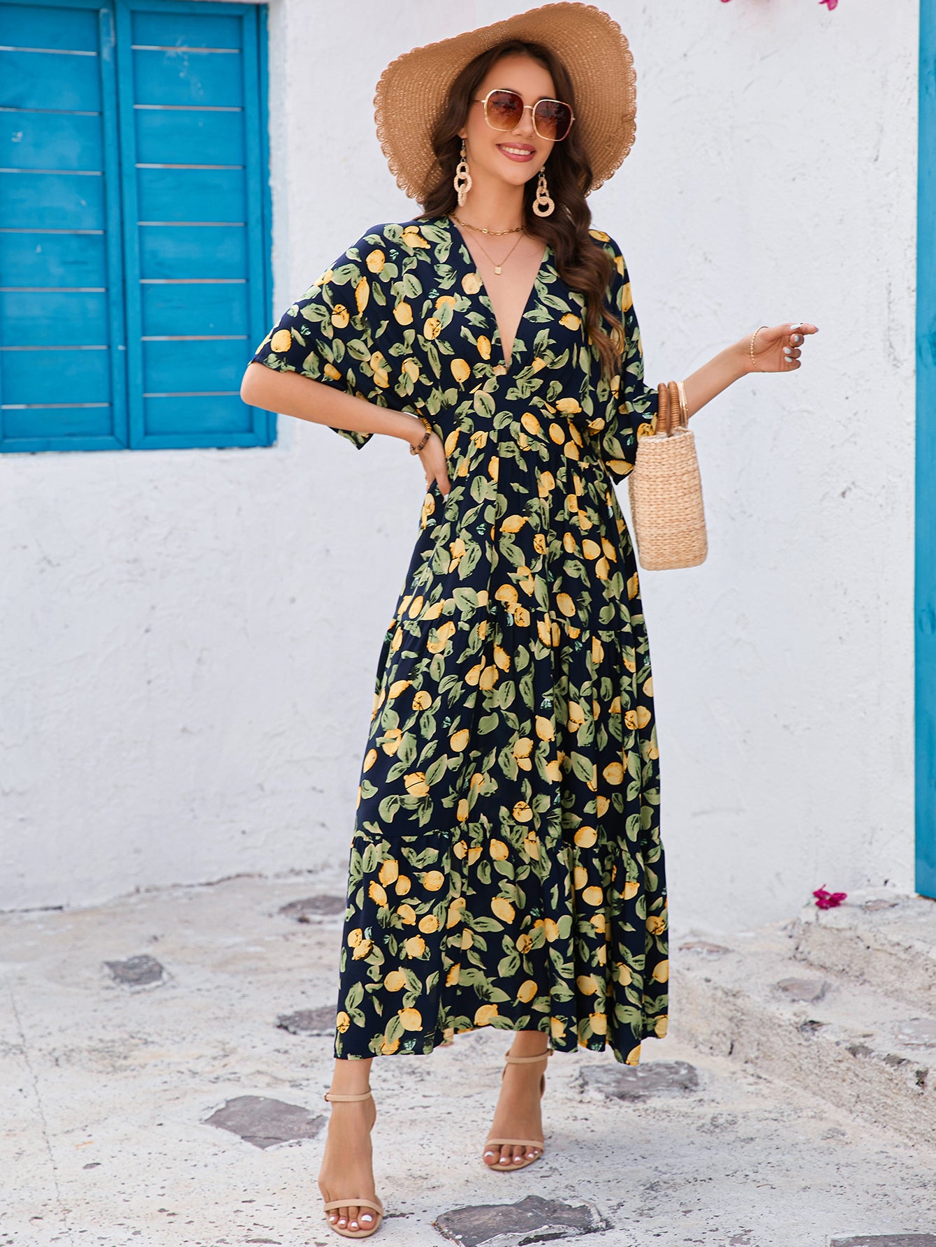 Printed Bat Sleeve Deep V Waist Layered Dress Beach Vacation - Roses