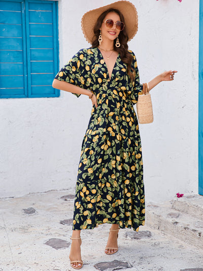 Printed Bat Sleeve Deep V Waist Layered Dress Beach Vacation - Roses
