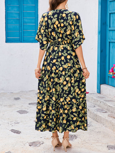 Printed Bat Sleeve Deep V Waist Layered Dress Beach Vacation - Roses