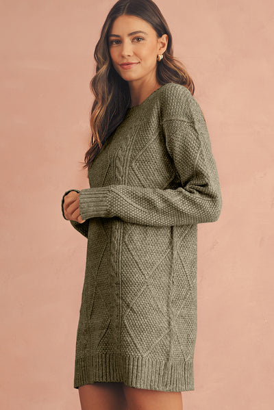 Coffee Twist Cable Knit Drop Shoulder Loose Fit Sweater Dress - Roses
