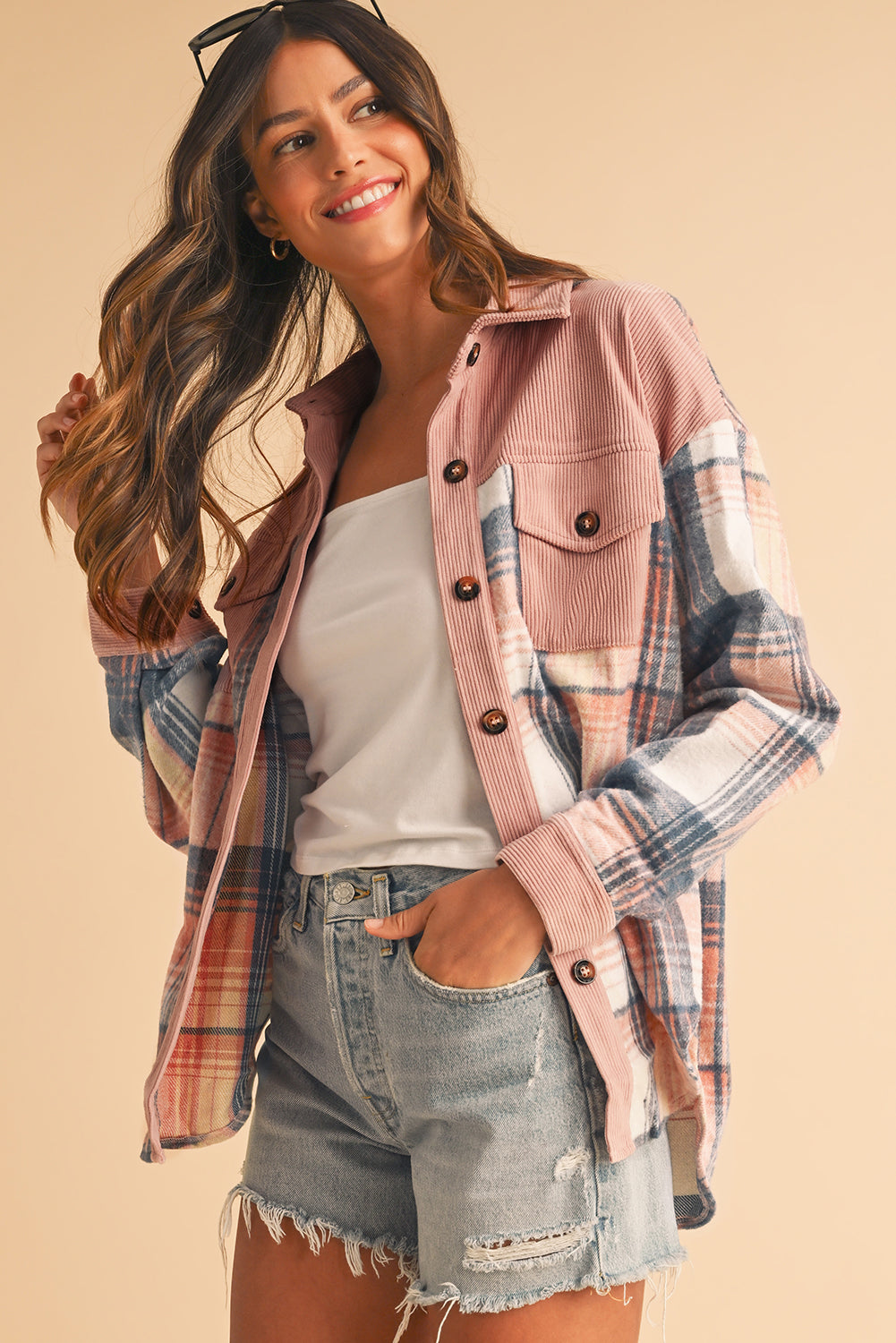 Cinnamon Plaid Corduroy Patchwork Pocket Loose Shacket - Roses
