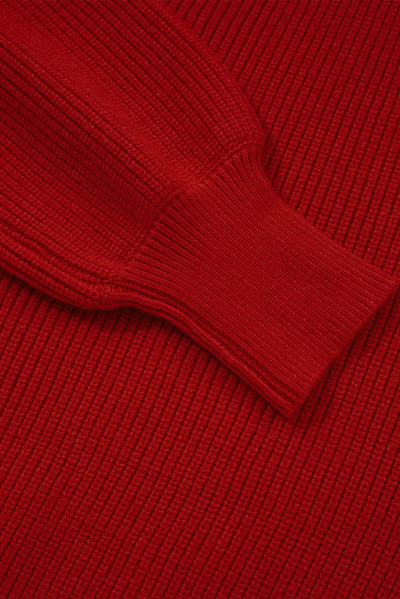 Pull rouge à manches lanternes et col en V avec nœud au dos