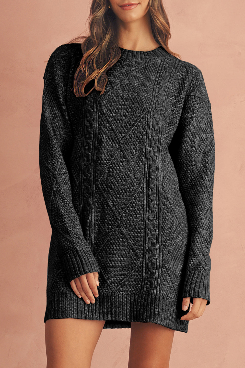Coffee Twist Cable Knit Drop Shoulder Loose Fit Sweater Dress - Roses