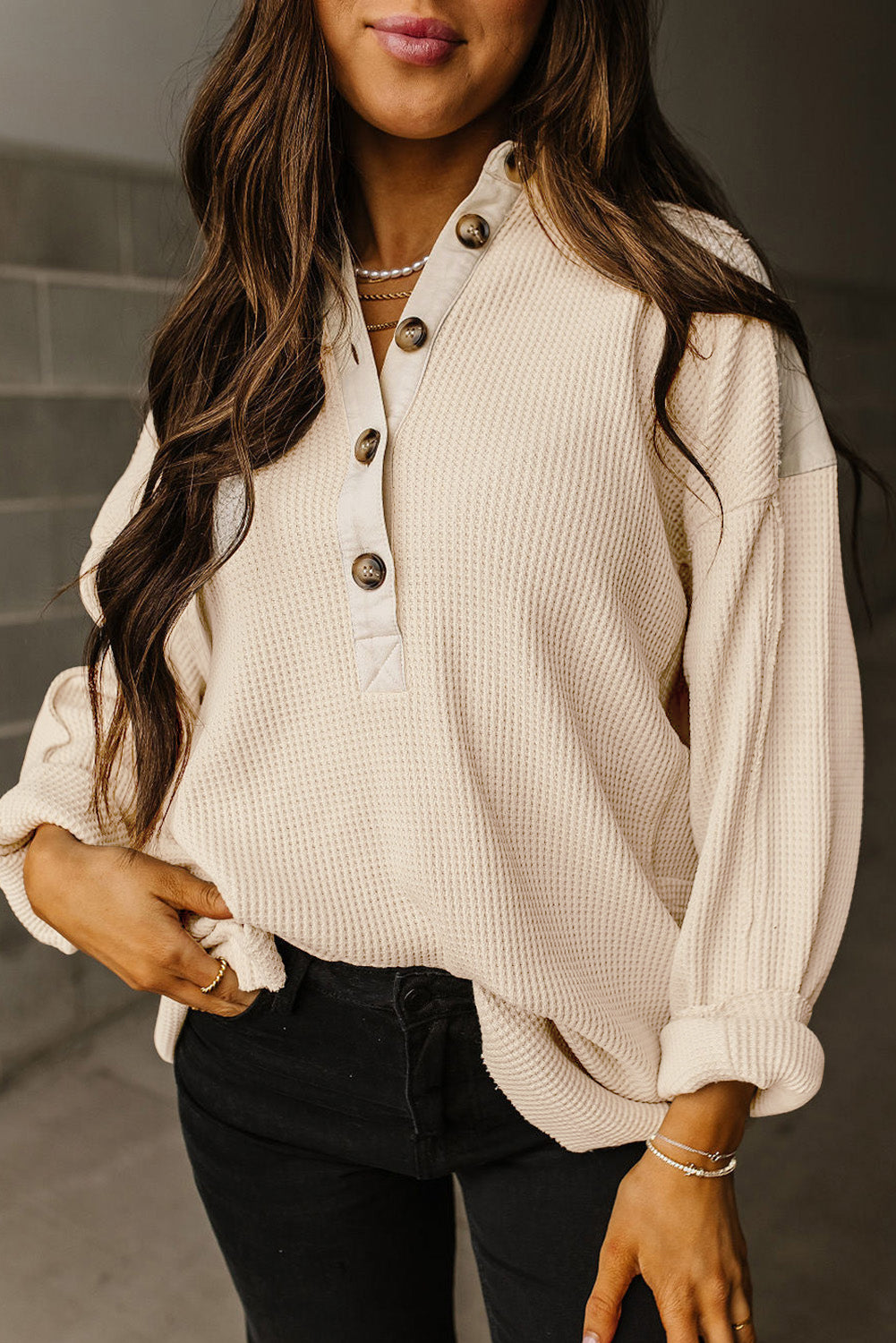 Jet Stream Waffle Long Sleeve Collar Half Button Loose Top - Roses