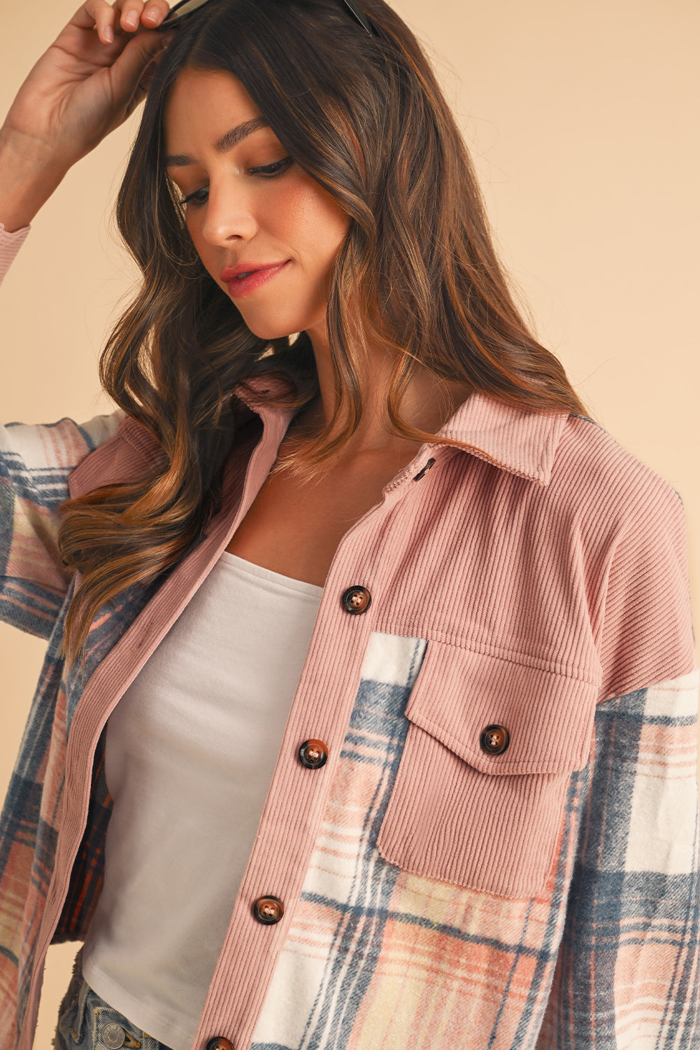 Cinnamon Plaid Corduroy Patchwork Pocket Loose Shacket - Roses