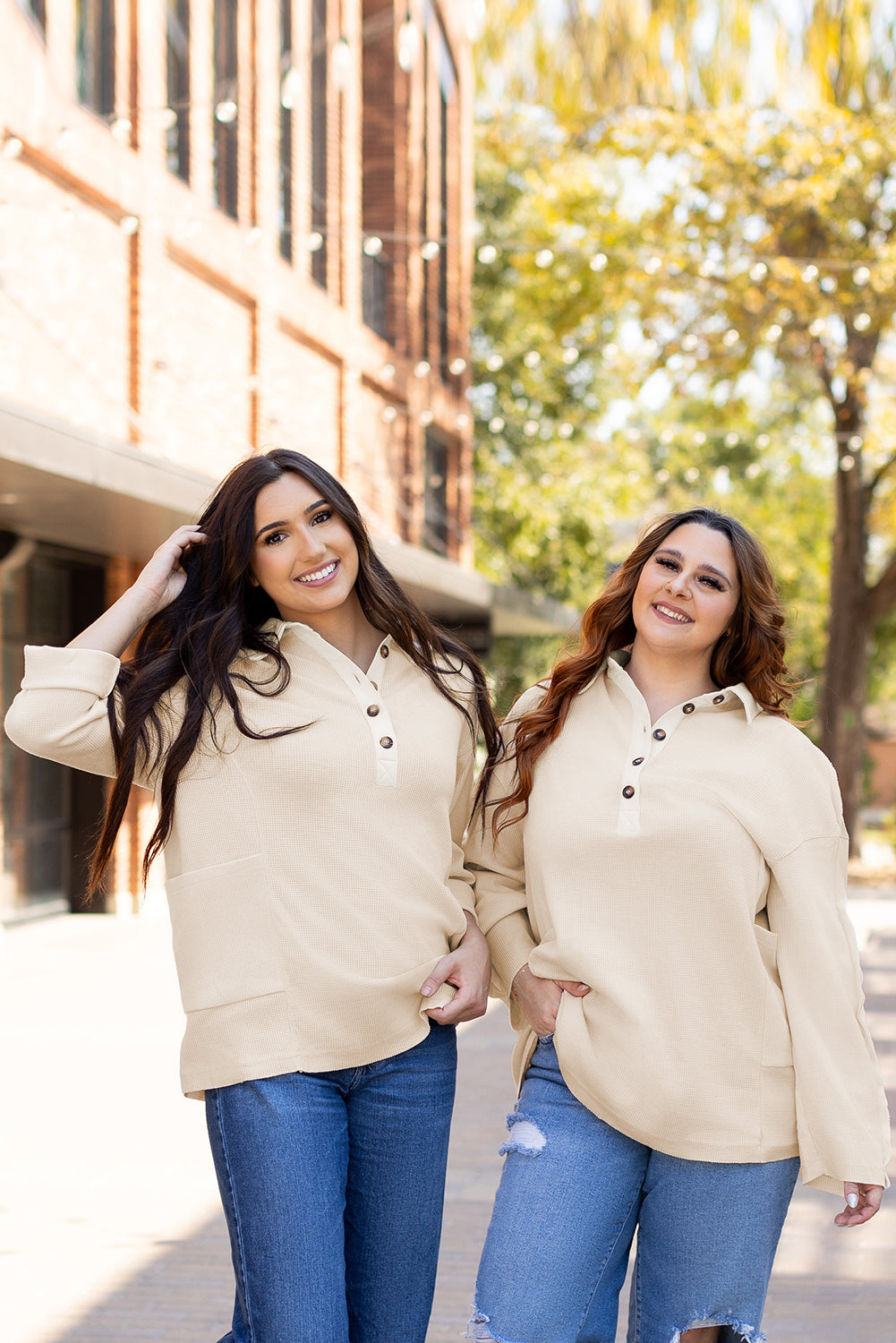 Jet Stream Waffle Long Sleeve Collar Half Button Loose Top - Roses