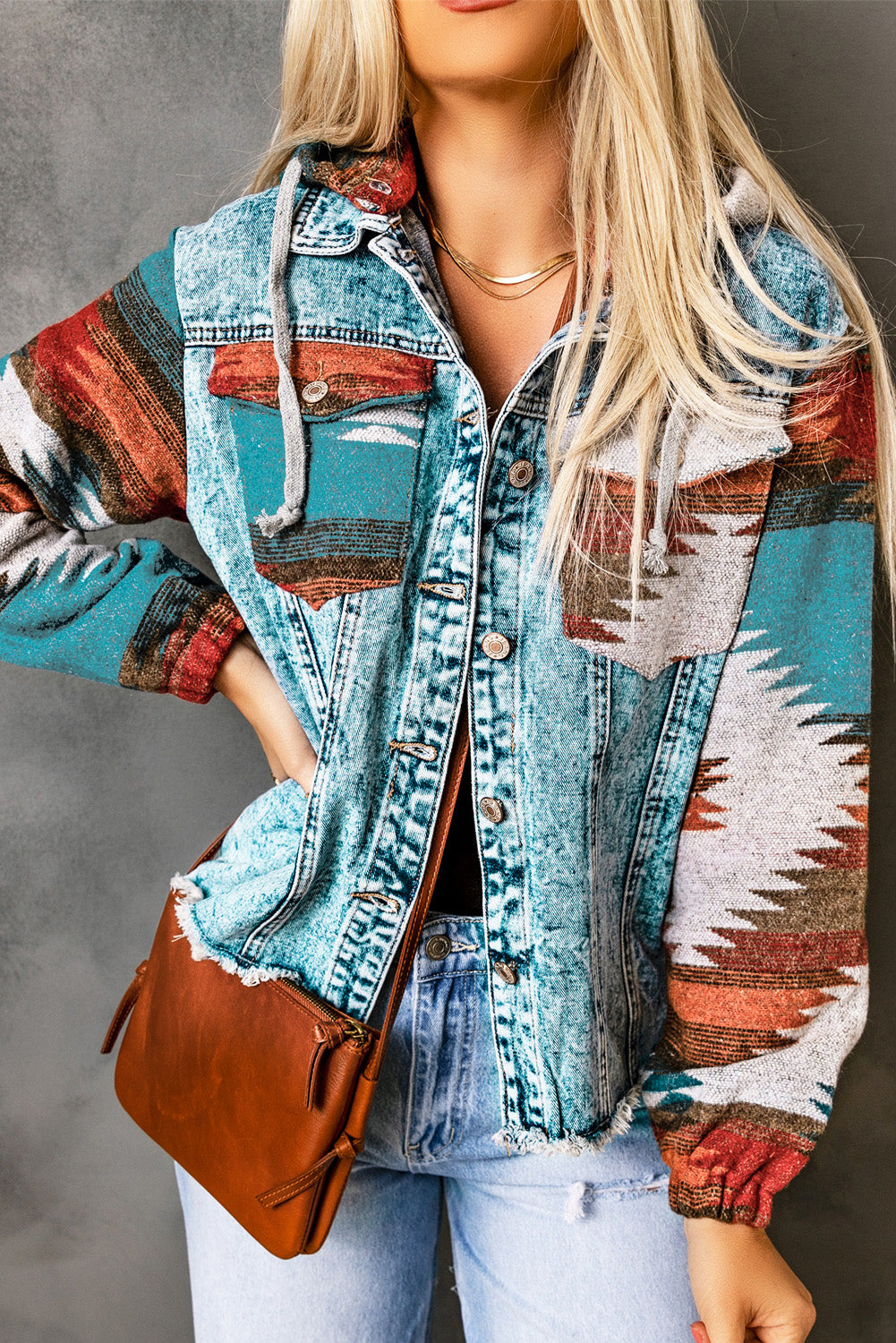 Multicolor Aztec Print Frayed Hem Denim Jacket - Roses