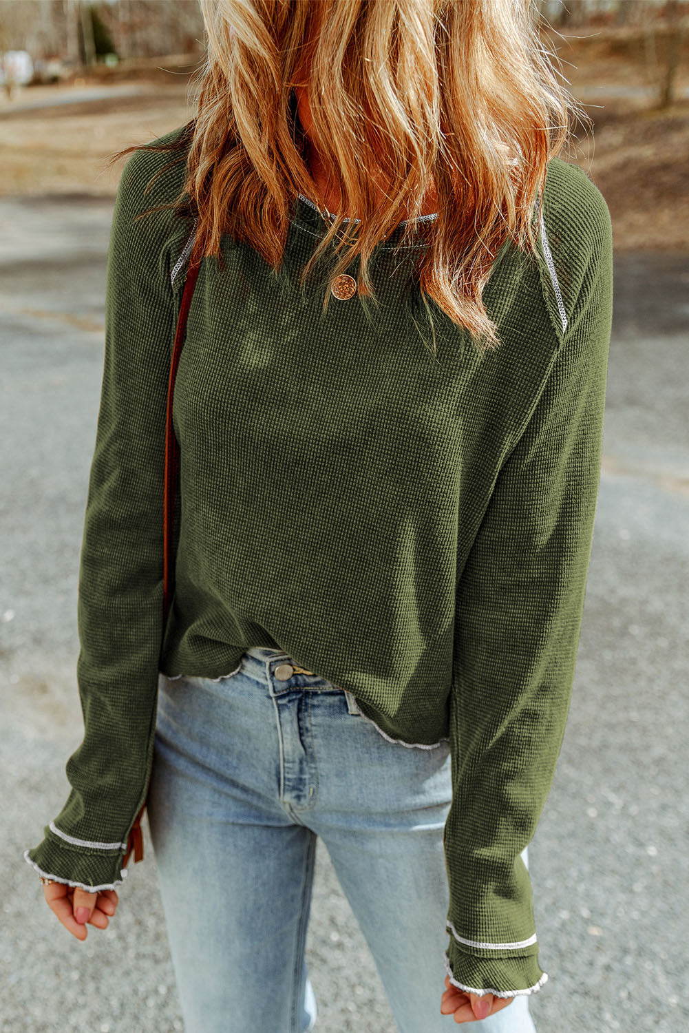 Green Textured Round Neck Long Sleeve Top - Roses
