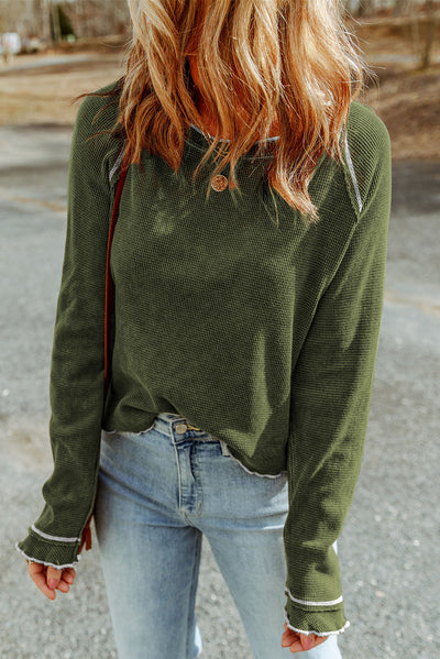 Green Textured Round Neck Long Sleeve Top - Roses