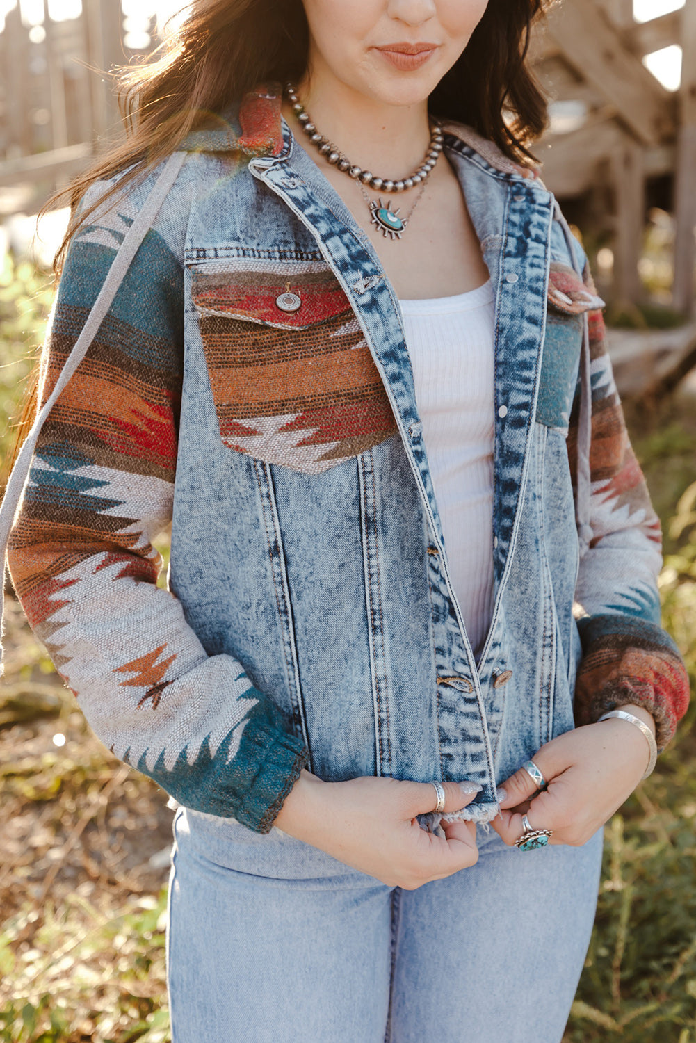 Multicolor Aztec Print Frayed Hem Denim Jacket - Roses