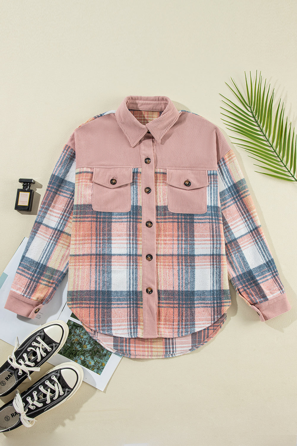 Cinnamon Plaid Corduroy Patchwork Pocket Loose Shacket - Roses