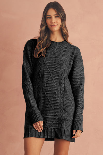 Coffee Twist Cable Knit Drop Shoulder Loose Fit Sweater Dress - Roses