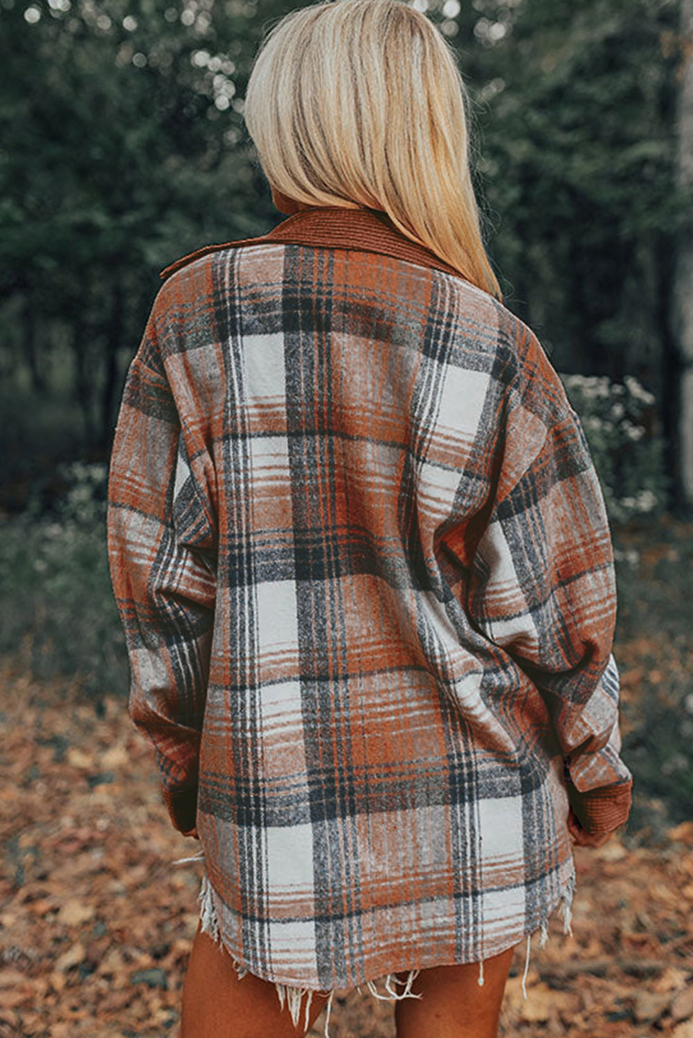 Cinnamon Plaid Corduroy Patchwork Pocket Loose Shacket - Roses