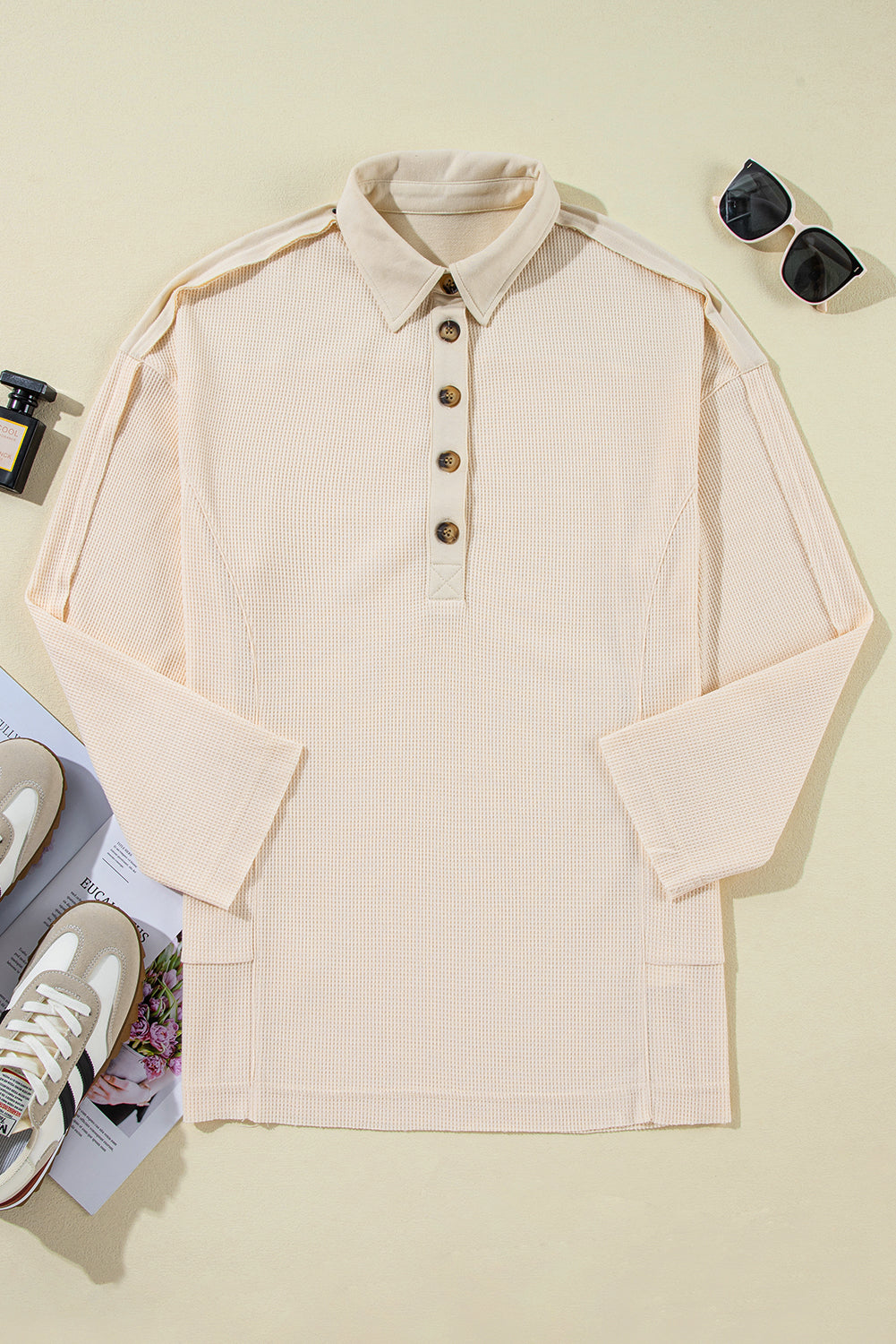Jet Stream Waffle Long Sleeve Collar Half Button Loose Top - Roses