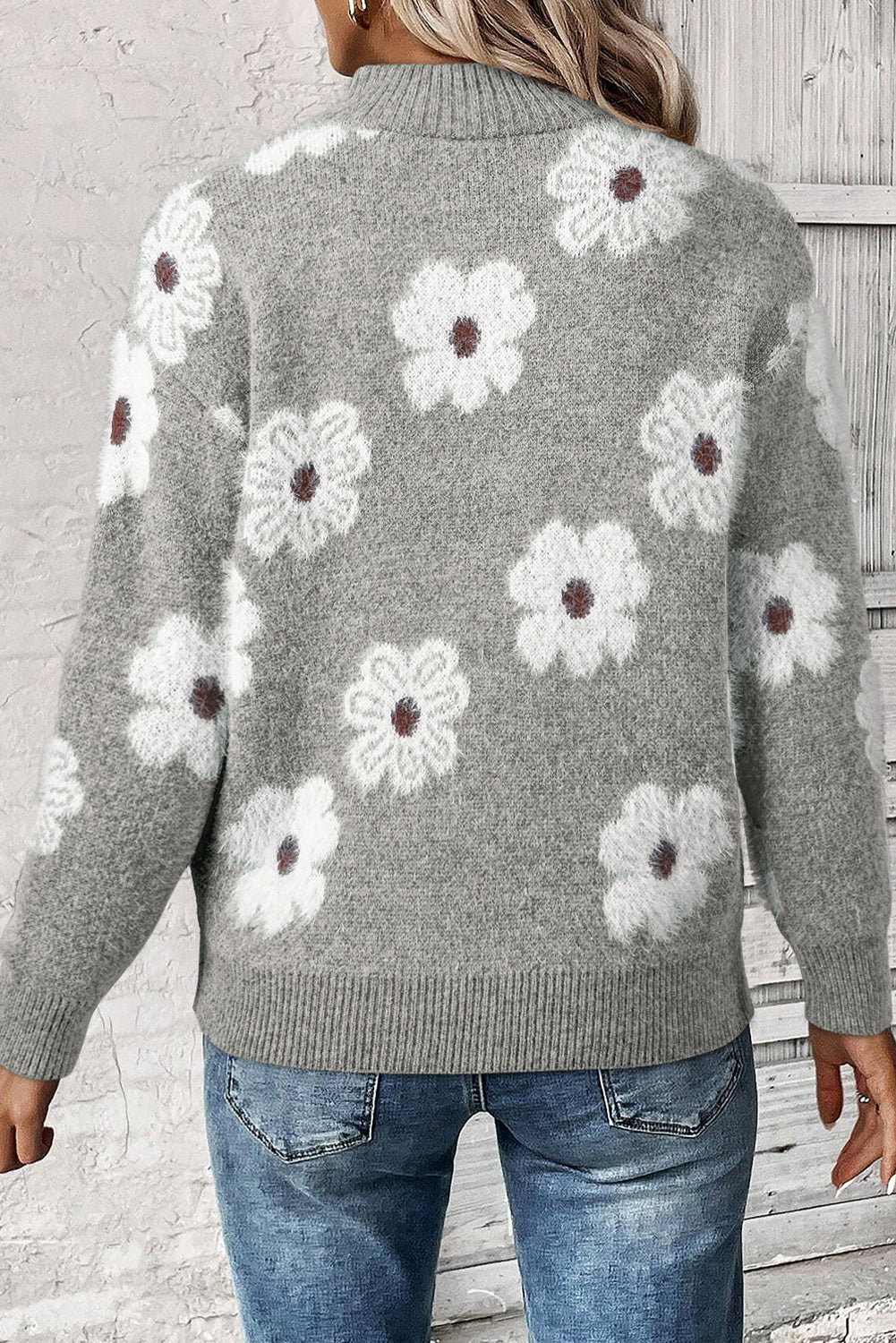 Gray Vintage 60s Floral Pattern Half Zip Collar Drop Shoulder Sweater - Roses
