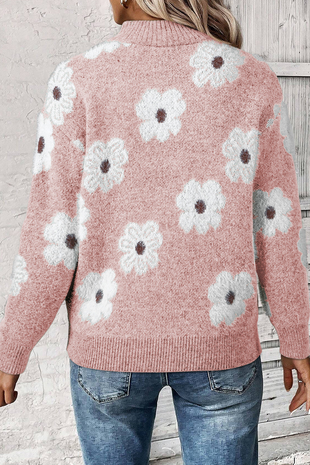 Gray Vintage 60s Floral Pattern Half Zip Collar Drop Shoulder Sweater - Roses