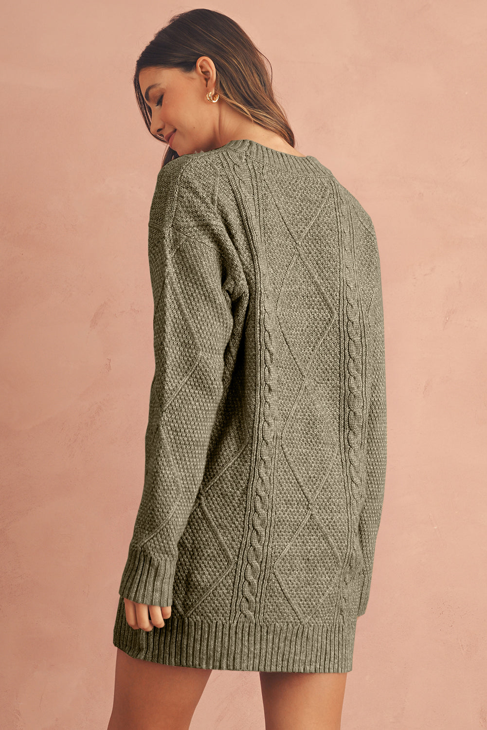 Coffee Twist Cable Knit Drop Shoulder Loose Fit Sweater Dress - Roses